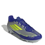 Championes de fútbol Adidas F50 Club FG Messi, unisex, color plateado con detalles en azul y amarillo.