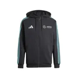 Campera con capucha Adidas Motorsport de la escudería Mercedes AMG Petronas Formula One Team, color negro con detalles en celeste. Tiene cierre frontal, cordón de ajuste en la capucha, bolsillos frontales, puños y dobladillo acanalados, y logos estampados en el pecho.