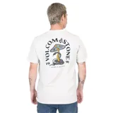 Remera beige de manga corta con cuello redondo y estampado pequeño de hongo en el pecho.