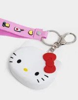 Llavero con monedero de silicona con forma de la cara de Hello Kitty, con moño rojo y correa rosa con dijes.