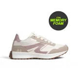 Championes deportivos de mujer American Sport modelo Abrus Lady, con tecnología Memory Foam. Diseño en tonos blanco, beige y rosado, con suela blanca y detalles en goma marrón en la parte inferior. Presenta el logo "AS" en el lateral.