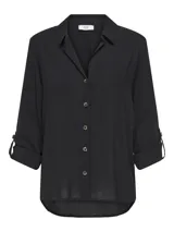 Camisa negra de manga larga con cuello clásico, ajuste holgado y cierre de botones.