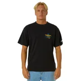 Remera negra de manga corta con cuello redondo y estampado en el pecho con el logo de Rip Curl Pro 25 Event en colores azul y amarillo.