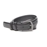 Cinturón negro de cuero con hebilla metálica plateada envejecida.