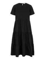 Vestido midi negro de corte suelto con mangas cortas y cuello redondo.