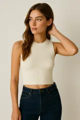 Top cropped color crema de viscosa, de punto canalé, al cuerpo y cuello alto.