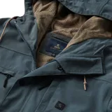 Campera azul grisáceo con capucha y forro interior en color arena. Tiene cierre frontal con botones a presión, múltiples bolsillos y logo de la marca en el pecho.