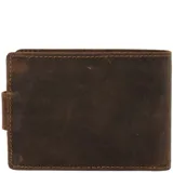 Billetera de cuero marrón con broche, 12 ranuras para tarjetas y forro interior de poliéster reciclado. Cuenta con tecnología RFID.