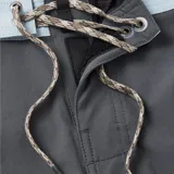 Short de baño negro con cintura celeste, cordón de ajuste y estampado lateral en blanco.