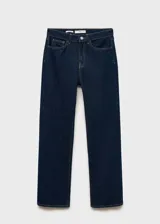 Pantalón de jean azul oscuro de corte recto, tiro medio, con cierre de cremallera y botón.
