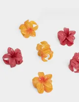 Set de seis broches pequeños con forma de flor hawaiana en colores rosa y marrón.
