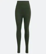 Calza deportiva larga color verde militar, de poliamida, con cintura alta acanalada y sin costuras.