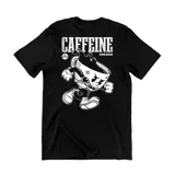 Remera marrón de algodón con estampa en la espalda de una taza de café con brazos y piernas, y el texto "Caffeine Emexem".