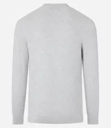 Suéter masculino de malla de viscosa y poliamida color gris claro, con textura de cuadros grid, cuello redondo y mangas largas.