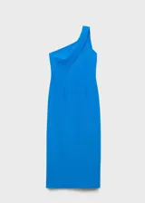 Vestido midi azul eléctrico de fiesta, con escote asimétrico y manga larga con abertura lateral.