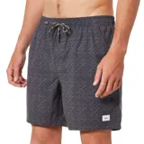 Short de baño negro con estampado geométrico en gris claro, cintura elástica con cordón ajustable y logo de la marca en la pierna derecha.