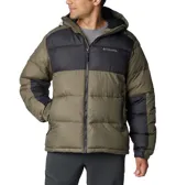 Campera puffer Columbia Pike Lake II Hooded para hombre, color verde oliva y negro. Cuenta con tecnología Omni-Heat Reflective, capucha ajustable, bolsillos con cierre y puños elásticos.