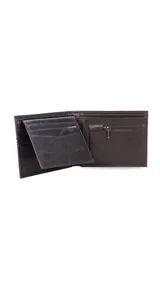 Billetera de cuero marrón oscuro con costuras decorativas en el frente. Interior con visor, tarjeteros y doble compartimento para billetes.