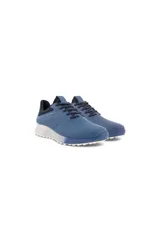 Championes de golf Ecco modelo M Golf S-Three, color azul retro con detalles en blanco y azul marino. Presentan un diseño moderno, son impermeables gracias a la tecnología GORE-TEX y cuentan con suela E-DTS® para tracción.
