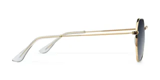 Lentes de sol geométricos con armazón dorado de acero inoxidable y lentes polarizados negros. Cuentan con protección UV400 y tratamiento antirayaduras.