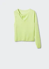 Buzo de punto fino color verde lima, con escote asimétrico y una manga larga. Tiene una abertura en el cuello y terminaciones acanaladas.