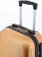 Valija rígida color beige con ruedas desmontables, manija retráctil y candado de seguridad.