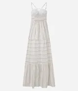 Vestido midi de jacquard con rayas en hilo teñido, breteles finos con tirador en el busto, recortes frunzidos en la pollera y lastex en la espalda.