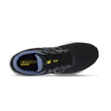 Zapatillas de running negras con detalles en azul y amarillo, diseñadas para un uso liviano y comodidad en la carrera.