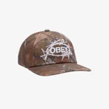 Gorra Obey de seis paneles con estampado de camuflaje en tonos marrones y logo de la marca bordado en blanco en el frente. Tiene cierre trasero con velcro.