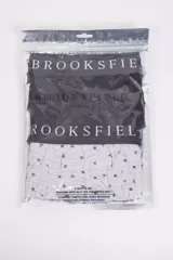 Pack de dos boxers de algodón Brookshield, uno liso color negro y otro negro con estampado de triángulos blancos. Ambos tienen cintura elástica con el logo de la marca en blanco.