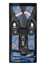 Set de tiradores ajustables en azul con estampado floral, acompañado de una moña y pañuelo a juego, ideal para ocasiones formales.