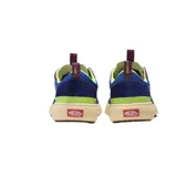 Championes Vans UltraRange Exo, con capellada de tela azul, detalles en verde neón y violeta, y logo lateral en color crema.