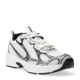 Zapatilla deportiva de diseño moderno, con combinación de colores blanco y negro, y sistema de cordones.