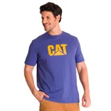 Remera azul con logo de Caterpillar (CAT) estampado en amarillo en el pecho.