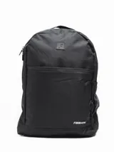 Mochila negra de poliéster con un compartimento principal grande con cierre, un compartimento frontal pequeño con cierre y un bolsillo lateral abierto con elástico.