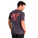 Remera gris de algodón con cuello redondo y manga corta. Estampado pequeño en el pecho con el logo de la marca en color rojo.
