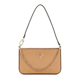 Cartera de hombro Guess Noelle, color beige con correa fina negra y cadena dorada decorativa. Presenta logo triangular de la marca en el frente y herrajes dorados.