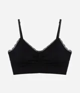 Soutien top largo negro de microfibra, sin aro ni costuras, con relleno removible y detalle de encaje en el escote.