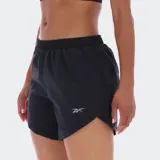 Shorts deportivos Reebok negros, diseñados para running, con cintura elástica y dobladillo moldeado para libertad de movimiento. Presentan un pequeño logo reflectante en la pierna derecha y un bolsillo trasero con cierre.