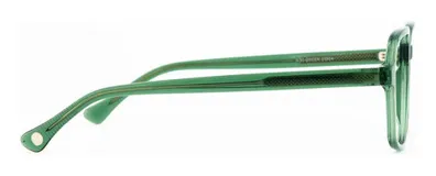 Armazón de gafas de acetato color verde con forma cuadrada y patillas plateadas. Diseño retro de gran tamaño con ángulos cuadrados y marco delgado. Todos los diseños cuentan con patillas antideslizantes.