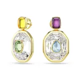 Caravanas asimétricas con diseño octogonal, bañadas en oro, con cristales morados y amarillos, y detalles en azul y verde.