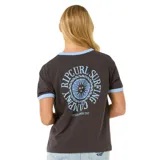 Remera negra con cuello y mangas con ribete celeste, logo de Rip Curl estampado en el pecho.