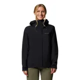 Campera impermeable y transpirable Columbia Earth Explorer II para mujer, color negro, con capucha ajustable, dobladillo y puños con cordón de ajuste, costuras totalmente selladas, ventilación en las axilas, bolsillos con cremallera y dobladillo en cola.