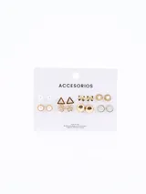 Set de ocho pares de aros dorados con diferentes diseños: perlas, triángulos, flores, moños, esferas y strass.