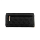 Billetera grande Guess Laurel color negro con estampado del logo de la marca y aplique metálico triangular con el logo en dorado. Incluye correa de muñeca extraíble y cierre perimetral con cremallera.