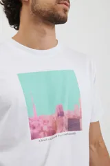 Remera blanca de algodón con estampa rectangular en el frente con imagen de paisaje en tonos celeste, rosa y blanco.