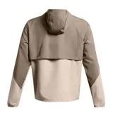 Campera de hombre con cierre frontal, capucha y detalles en colores beige y marrón, de corte deportivo.