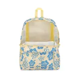 Mochila Jansport Superbreak de 26 litros con estampado floral en tonos celeste, azul y amarillo.