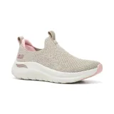 Championes Skechers Arch Fit 2.0 Sheer Shimmer, color beige con detalles en rosa. Diseño vegano con parte superior de knit metálico elástico y plantilla Arch Fit extraíble con soporte en el arco plantar certificado por podólogos.
