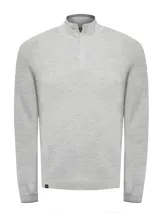 Sweater gris de tejido de punto con cuello mao y tapeta con botones.